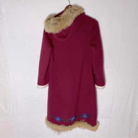 Vintage Kelsey Trail Burgundy Wool Embroidered Zip Front Parka W Fur Trim M - Picture 15 of 16
